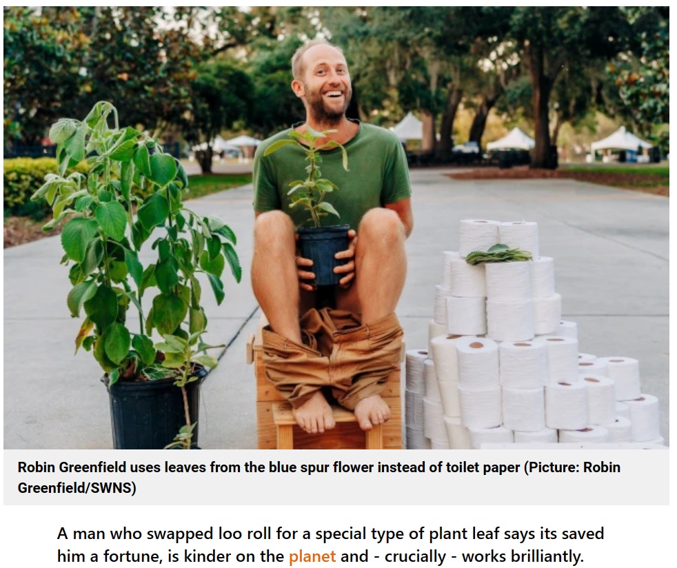 微生物の分解力を活用し、排泄物を有機肥料に変える“コンポストトイレ”に座って記念撮影をするロビンさん。トイレットペーパーの購入をやめ、花の葉を代用として使っている（画像は『Metro　2023年5月14日付「Man has used leaves instead of loo roll for 5 years - and he loves it」（Picture: Robin Greenfield/SWNS）』のスクリーンショット）