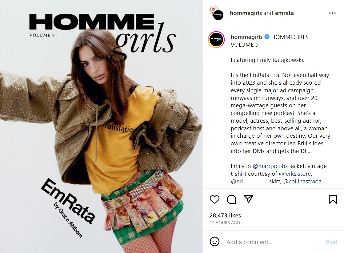 今回インタビューを受けた米ファッションメディア『Homme Girls』のカバーにも登場したエミリー・ラタコウスキー（画像は『HommeGirls　2023年5月4日付Instagram「HOMMEGIRLS VOLUME 9」』のスクリーンショット）
