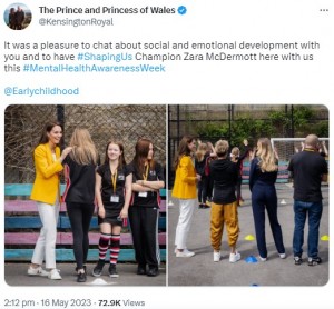 「セント・キャサリンズ・スクール」では、三目並べのゲームに挑戦したキャサリン皇太子妃。皇太子妃は自身のチームの生徒に励ましの声をかけている（画像は『The Prince and Princess of Wales　2023年5月16日付Twitter「It was a pleasure to chat about social and emotional development with you」』のスクリーンショット）