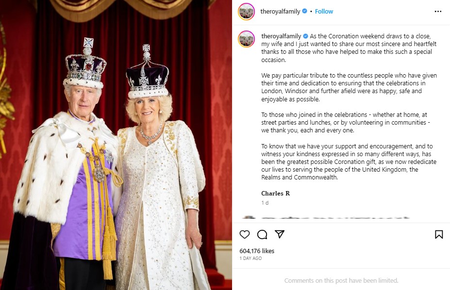 チャールズ国王とカミラ王妃のツーショットには、夫妻から戴冠式を祝福してくれた人々へのメッセージが添えられた（画像は『The Royal Family　2023年5月8日付Instagram「As the Coronation weekend draws to a close,」』のスクリーンショット）