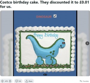 コストコの誕生日ケーキ、可愛い“恐竜”のはずが、怖い目の“ナメクジ”のようで大笑い（英）