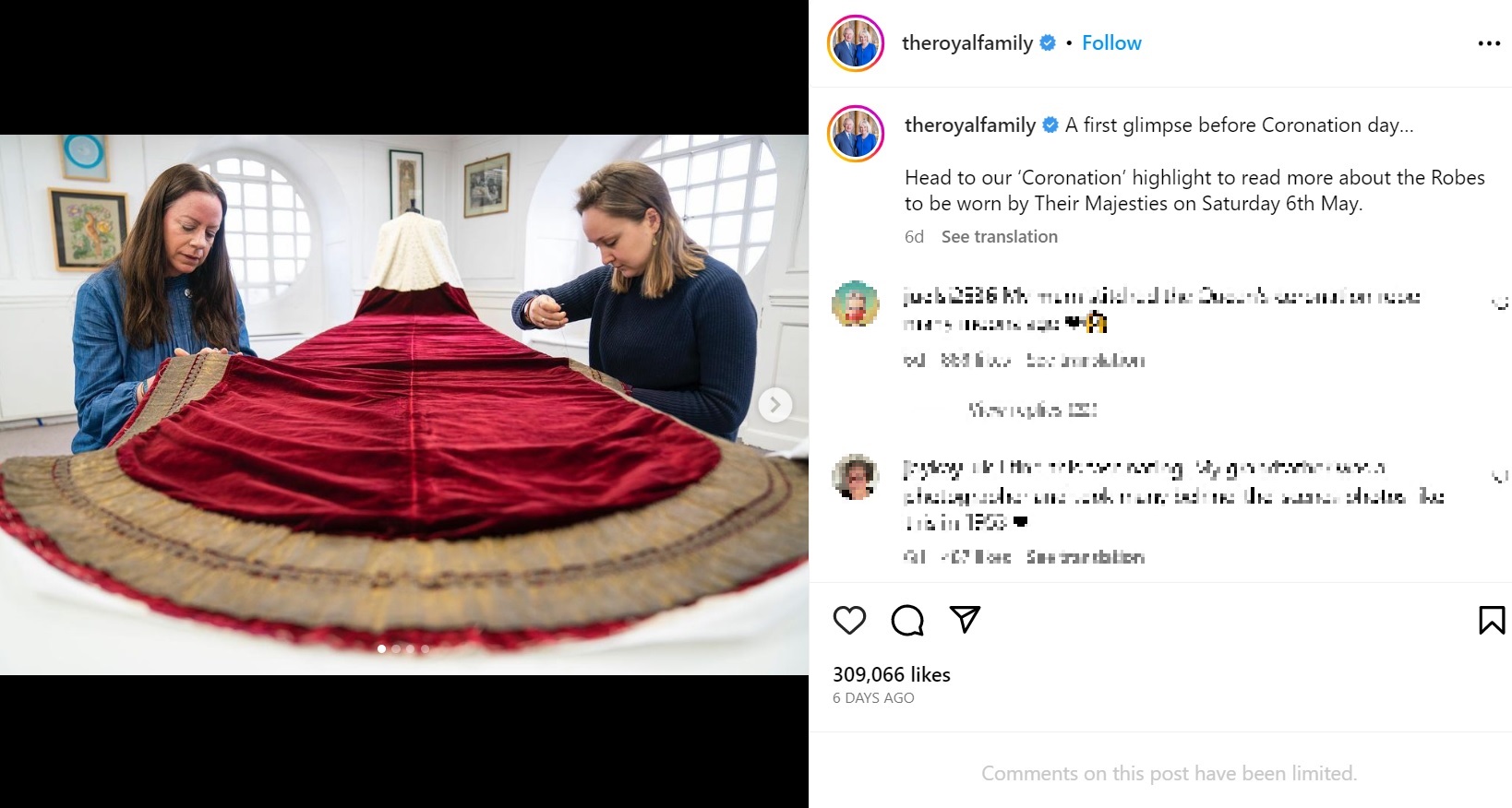 カミラ王妃が戴冠式で羽織ることになる“ローブ・オブ・エステート”。パープルのベルベット生地が使用されている（画像は『The Royal Family　2023年4月30日付Instagram「A first glimpse before Coronation day…」』のスクリーンショット）