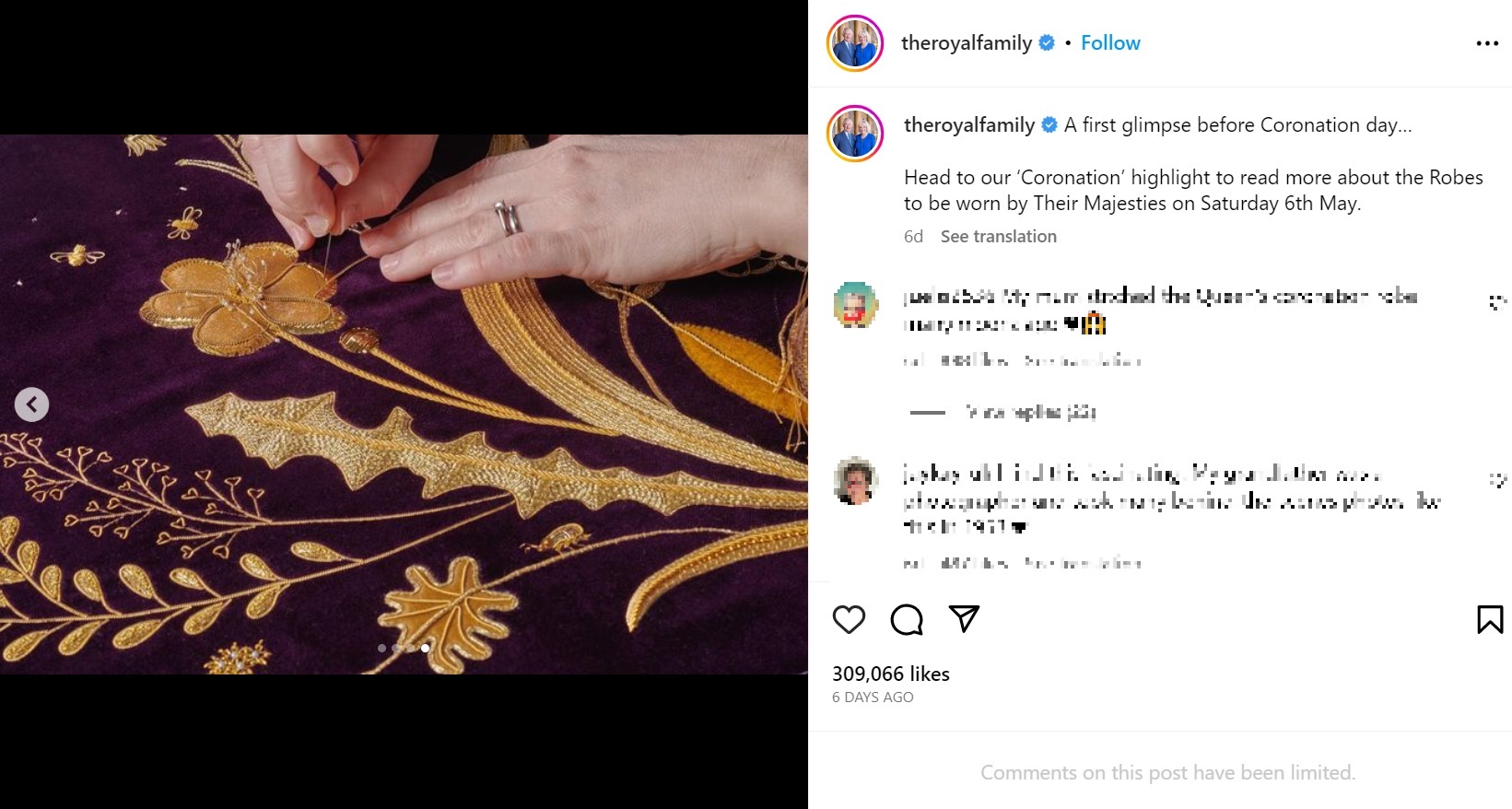 カミラ王妃のために新たに作られた“ローブ・オブ・エステート”には、花や昆虫などの刺繍が手作業で施されている（画像は『The Royal Family　2023年4月30日付Instagram「A first glimpse before Coronation day…」』のスクリーンショット）