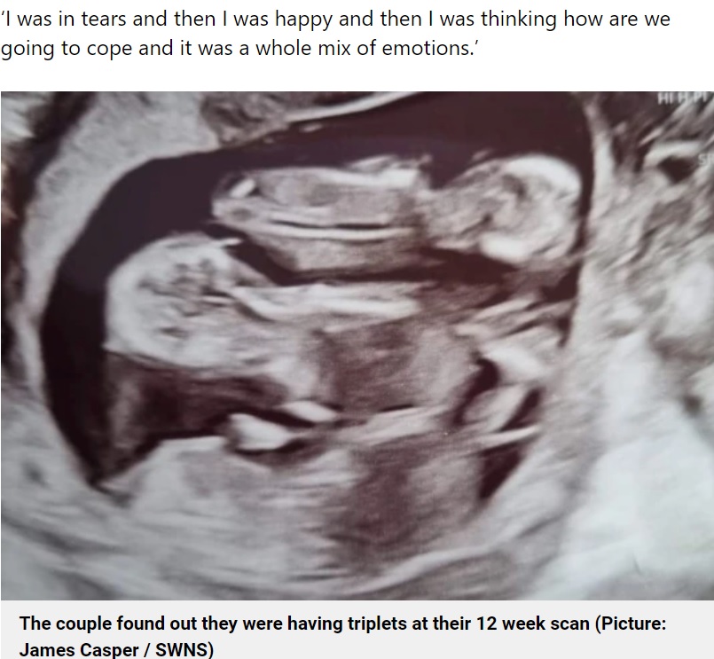 赤ちゃんが三つ子と分かったのは妊娠12週で、一卵性だと分かったのは妊娠20週目の超音波検査だった。赤ちゃん3人の頭がはっきりと分かる超音波検査の写真（画像は『Metro　2023年5月14日付「‘It’s surreal’: Couple beat one in 200 million odds by having identical triplets」（Picture: James Casper / SWNS）』のスクリーンショット）