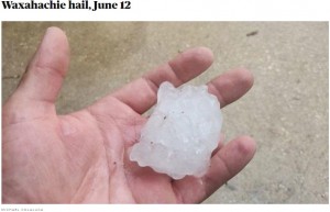 現地時間6月12日にダラスの南に位置するワクサハチで撮影された雹。地元の天気ニュースサイトには、北テキサス各地の住民から、小銭サイズ、ゴルフボールサイズ、野球ボールサイズなど大小さまざまな雹の画像や動画が多数届いた（画像は『CBS News　2023年6月16日付「HAIL-uva storm system sweeps through North Texas」（MICHAEL COLALUCA）』のスクリーンショット）