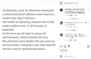 マドンナのマネージャー、ガイ・オセアリー氏が発表した声明文。7月15日に開幕予定だったツアーは「日程の詳細が決まり次第、お伝えします」（画像は『Guy Oseary　2023年6月28日付Instagram』のスクリーンショット）