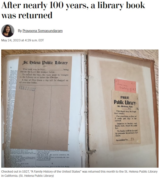 75歳男性の妻の祖父にあたる人物が、1927年2月21日に借りた本。今年の5月、米カリフォルニア州のセントヘレナ公共図書館に返却された（画像は『The Washington Post　2023年5月24日付「After nearly 100 years, a library book was returned」（St. Helena Public Library）』のスクリーンショット）