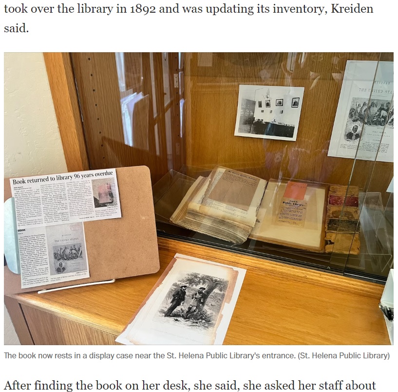 約100年ぶりに返却された本「A Family History of the United States」。現在はセントヘレナ公共図書館の展示ケースに収められている（画像は『The Washington Post　2023年5月24日付「After nearly 100 years, a library book was returned」（St. Helena Public Library）』のスクリーンショット）
