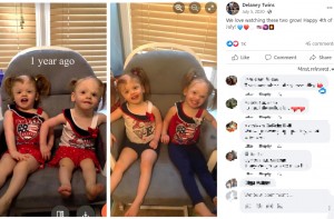 姉妹は脳に損傷を受けており、言葉を理解できるものの発語はなく、知的障がいだけでなく、運動機能の遅れがみられるという。それでもヘザーさんは「毎日が奇跡の連続」と語る（画像は『Delaney Twins　2020年7月5日付Facebook「We love watching these two grow!」』のスクリーンショット）