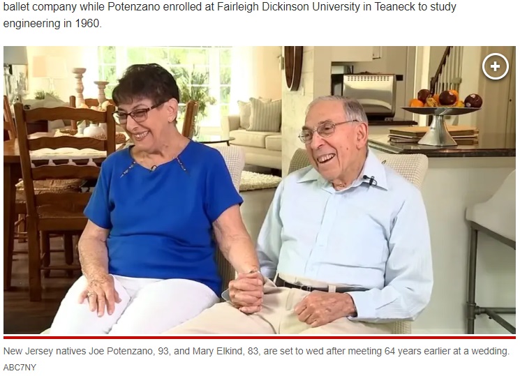 これまで友人として交流してきたが、64年の年月を経て、ジョセフさんは未亡人となったメアリーさんに勇気を出してプロポーズした（画像は『New York Post　8月21日付「Lifelong bachelor, 93, to wed woman he met at NJ wedding 64 years ago」（ABC7NY）』のスクリーンショット）