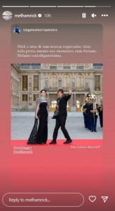ベルサイユ宮殿のレッドカーペットに立つミック・ジャガーとメラニー・ハムリックさん。英仏への貢献を記念して、晩餐会に招待された（画像は『Melanie Hamrick　2023年9月20日付Instagram』のスクリーンショット）