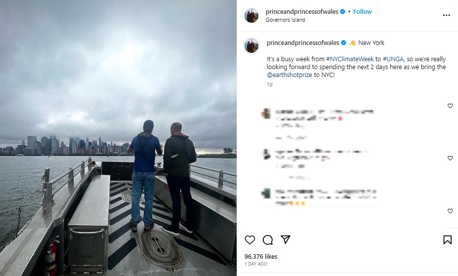 ニューヨークに到着したウィリアム皇太子。ハドソン川ではボートに乗り、リバティ・ランディング・マリーナへと向かった（画像は『The Prince and Princess of Wales　2023年9月19日付Instagram「New York」』のスクリーンショット）