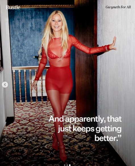 今秋のトレンドカラーである赤でコーディネートしたグウィネス・パルトロウ。シースルーと下着見せファッションも流行している（画像は『Bustle　2023年10月18日付Instagram「At 51, ＠gwynethpaltrow is embracing where she is.」』のスクリーンショット）
