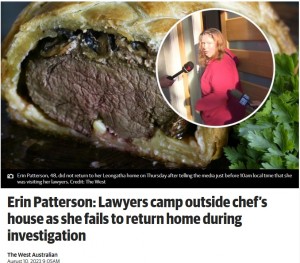 刻んで炒めたキノコで牛フィレの塊肉を覆い、パイで包んでオーブンで焼いた「ビーフ・ウェリントン」を作って昼食会でゲストに振る舞ったエリン。このパイ料理に猛毒のキノコが用いられていたと疑われている（画像は『PerthNow　2023年8月10日付「Erin Patterson: Lawyers camp outside chef’s house as she fails to return home during investigation」（Credit: The West）』のスクリーンショット）