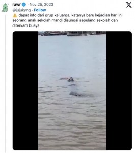 事故発生後、川の水面で少年をくわえたまま泳いでいるワニが何度か目撃された（画像は『rawr　2023年11月25日付X「dapat info dari grup keluarga」』のスクリーンショット）