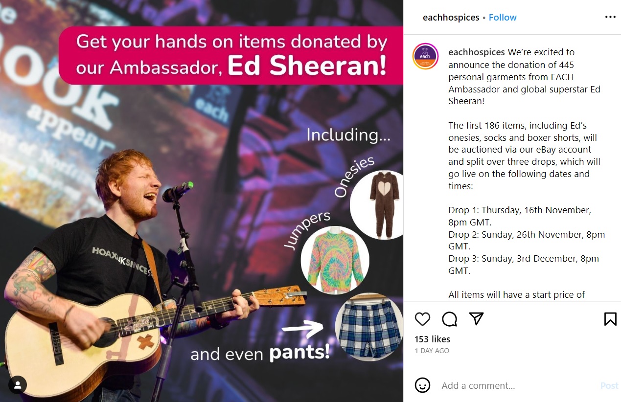 エド・シーランからの寄付を伝えた「EACH」の投稿。すべてのアイテムがオークションにかけられるという（画像は『EACH　2023年11月14日付Instagram「We’re excited to announce the donation of 445 personal garments from EACH Ambassador and global superstar Ed Sheeran!」』のスクリーンショット）
