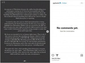 「私も人間だし、間違いだってある。でも、その間違いの責任は自分自身にある」と謝罪したジジ・ハディッド（画像は『Gigi Hadid　2023年11月28日付Instagram』のスクリーンショット）