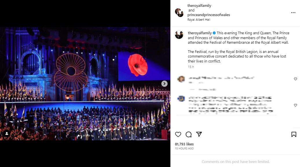 「ロイヤル・アルバート・ホール」で開催された戦没者を追悼するコンサート。巨大スクリーンには赤いポピーの花が映し出された（画像は『The Royal Family　2023年11月11日付Instagram「This evening The King and Queen,」』のスクリーンショット）