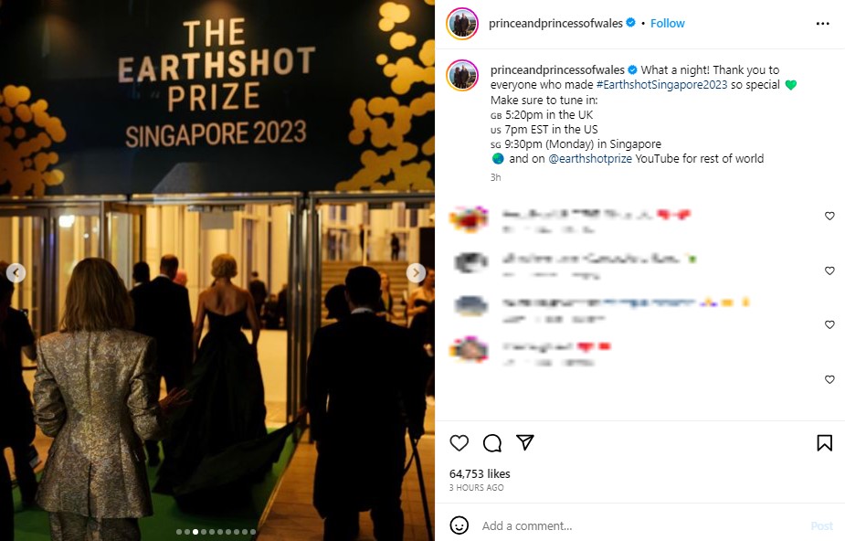 シンガポールの「MediaCorp Theatre」に入場するウィリアム皇太子。キャサリン皇太子妃はジョージ王子の重要な試験のため、出席を断念した（画像は『The Prince and Princess of Wales　2023年11月8日付Instagram「What a night!」』のスクリーンショット）