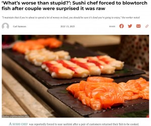 アメリカのある寿司レストランで働く人物が2023年、SNSにあり得ない客が来たことを投稿。その夫婦客は「この魚、焼いて」と刺身を突き返したという（画像は『NextShark　2023年7月13日付「‘What’s worse than stupid?’: Sushi chef forced to blowtorch fish after couple were surprised it was raw」（Pixabay）』のスクリーンショット）