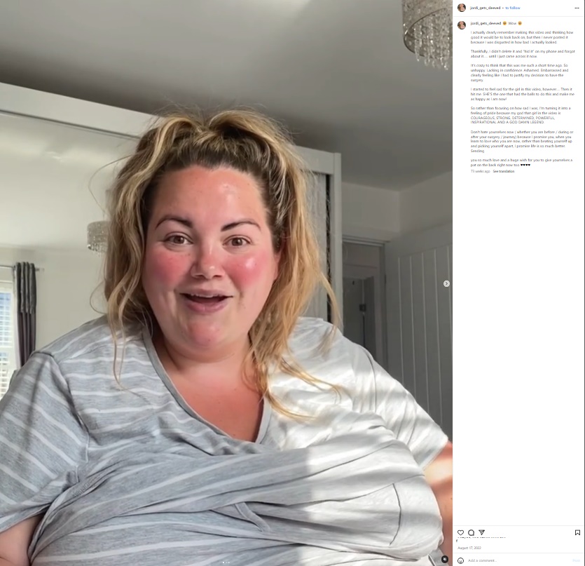 最も重い時で体重が127キロあったというイギリスの女性（33）。自分の身体にウンザリし、2021年に「子供たちの模範にならない」と肥満外科手術を受けることを決意した（画像は『Jordanna Bell　2022年8月17日付Instagram「Wow」』のスクリーンショット）