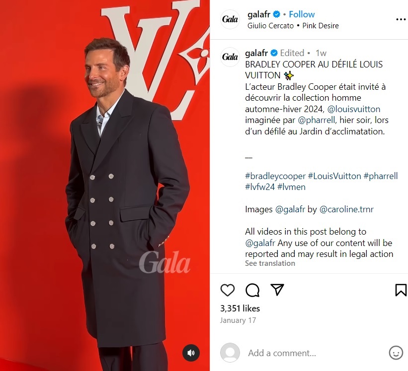 Aラインシルエットのロングコートにワイドパンツを合わせて登場したブラッドリー・クーパー（画像は『Gala　2024年1月17日付Instagram「BRADLEY COOPER AU DÉFILÉ LOUIS VUITTON」』のスクリーンショット）