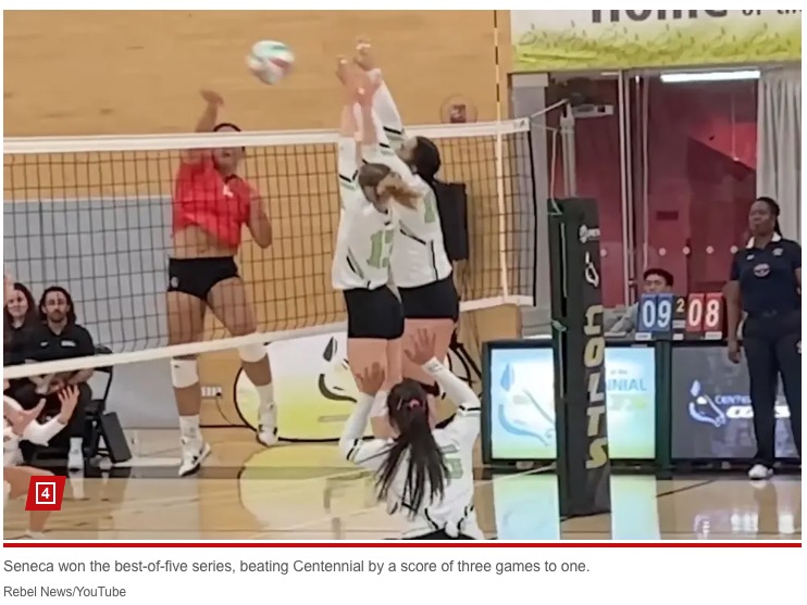 カナダで先月24日、女子大学バレーボールの試合にトランスジェンダー選手が出場したことで物議を醸す（『New York Post　「Five trans players dominate women’s college volleyball game, sparking outrage and claims of ‘cheating’」（Rebel News/YouTube）』より）