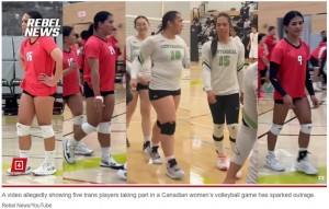 女子大学バレーボール大会に出場した5人のトランスジェンダーの女性選手（『New York Post　「Five trans players dominate women’s college volleyball game, sparking outrage and claims of ‘cheating’」（Rebel News/YouTube）』より）