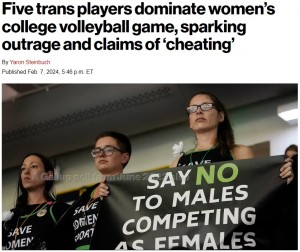 トランスジェンダーのアスリートと生物学的な女性アスリートがスポーツで対戦することに反対する声もあがっている（『New York Post　「Five trans players dominate women’s college volleyball game, sparking outrage and claims of ‘cheating’」』より）