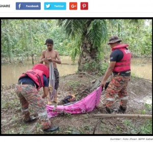 マレーシアのある川で今年2月、釣りをしたまま行方不明になっていた40代男性の遺体が捜索隊によって発見された。遺体はワニがくわえていたという（『Daily Sabah　「Mayat Lelaki Warga Asing Tidak Sempurna, Ditemukan Dalam Mulut Buaya」（Foto Ihsan JBPM Sabah）』より）