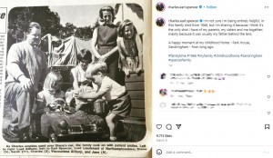1966年に撮影した、スペンサー家の両親と4人の子ども達のプライベートショット。幼いダイアナ妃が車に座り、チャールズ氏が砂をかけている（『Charles Spencer　Instagram「I’m not sure I’m being entirely helpful, in this family shot from 1966,」』より）