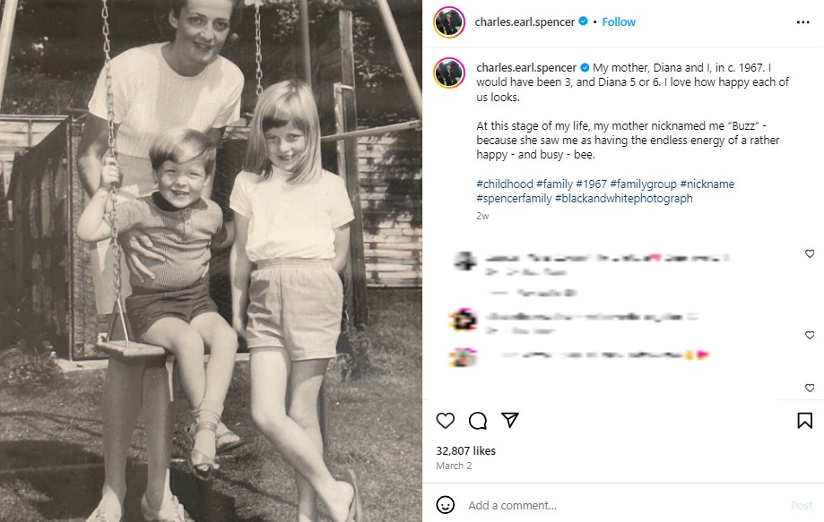 1967年頃、幼少期のチャールズ氏とダイアナ妃、母フランセスさん。両親は子育てのほとんどをナニーに任せていたという（『Charles Spencer　Instagram「My mother, Diana and I, in c. 1967.」』より）