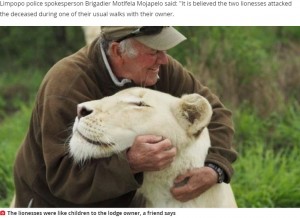 2020年8月、南アフリカの自然保護活動家が手塩にかけて育ててきた5歳の白ライオンに襲われた。ライオンは体重180キロはあったという（『Mirror　「Dad mauled to death by 400lb white lions during ‘rough play’ in front of wife」（Image: Facebook）』より）