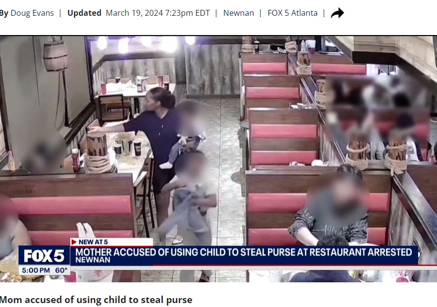 盗んだバッグを、持っていたシャツで素早く隠す長女には「バッグの盗み方や隠し方を見ると、この子はこれが初犯ではなさそうだね」というコメントが寄せられた（『FOX 5 Atlanta　「Mother arrested for encouraging daughter to snatch purse at Newnan restaurant」』より）