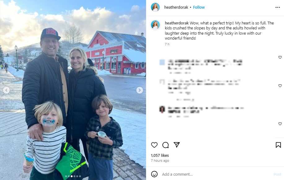 スキー休暇を楽しむヘザーさんと夫、子ども達。ヘザーさん夫妻はヘンリー王子とメーガン妃のロイヤル・ウェディングにも出席した（『Heather Dorak　Instagram「Wow, what a perfect trip!!」』より）