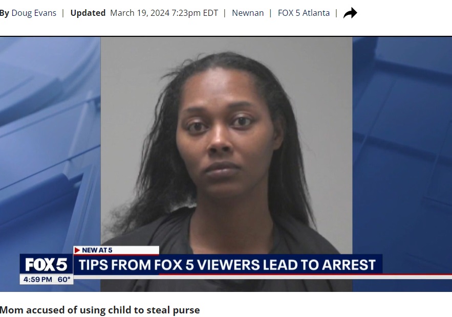 米ジョージア州のシーフードレストランで2日、7歳の娘に「バッグを盗め」と指示したうえ、7万円を超える食事代を支払わずにレストランを後にした27歳の母親（『FOX 5 Atlanta　「Mother arrested for encouraging daughter to snatch purse at Newnan restaurant」』より）