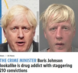 2021年に逮捕された英キングストン・アポン・ハル出身の男（右）。マグショットがボリス・ジョンソン英首相（当時）に「そっくり」と話題となった（『The Sun　「THE CRIME MINISTER Boris Johnson lookalike is drug addict with staggering 210 convictions」』より）